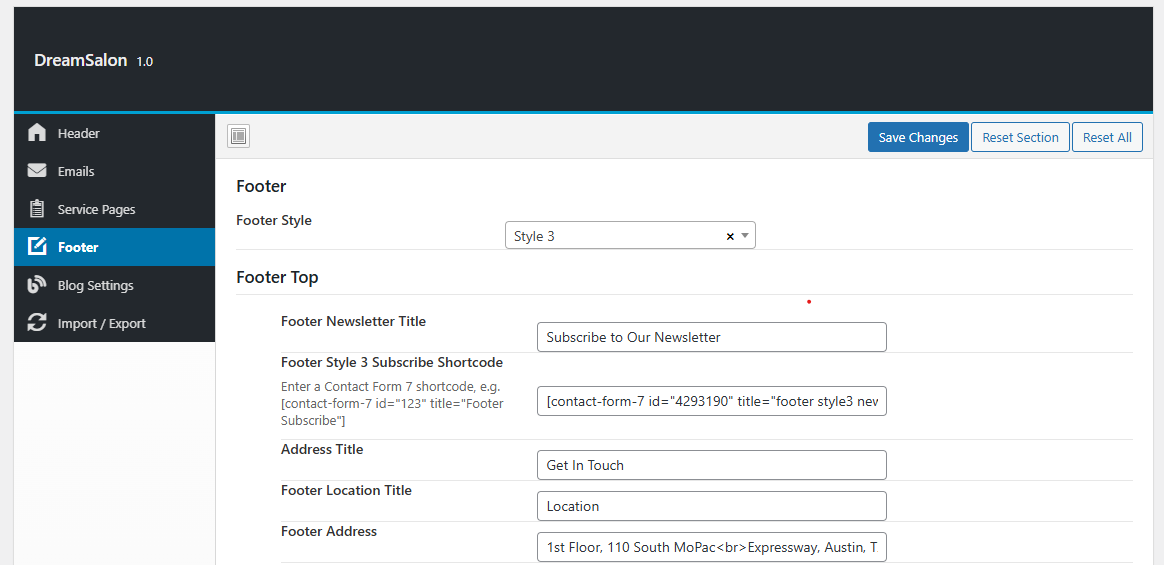 Theme Options Footer settings screen