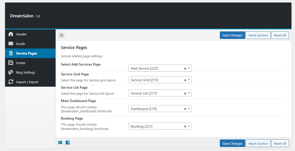 Theme Options Service Pages settings screen