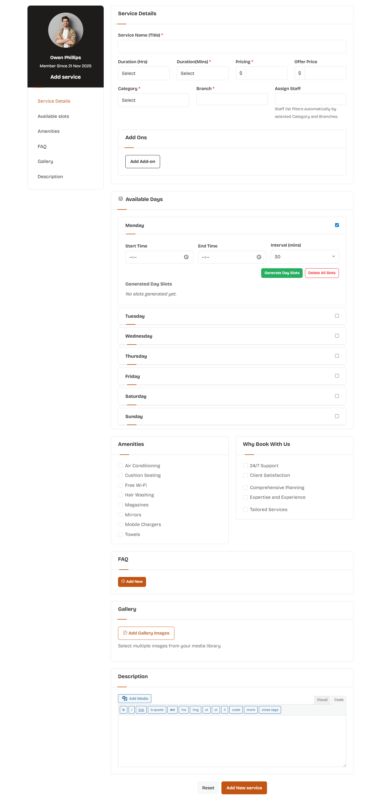 Add Service admin screen