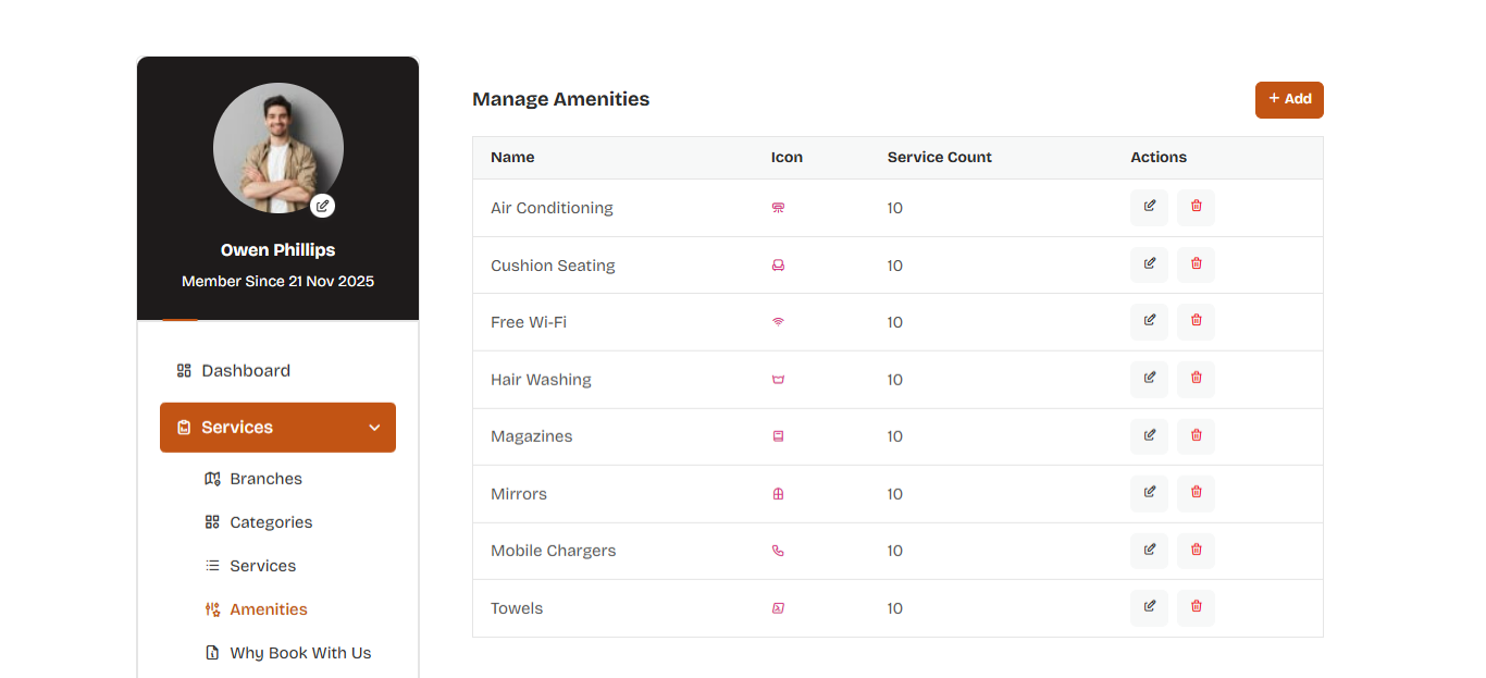 Service Amenities management screen