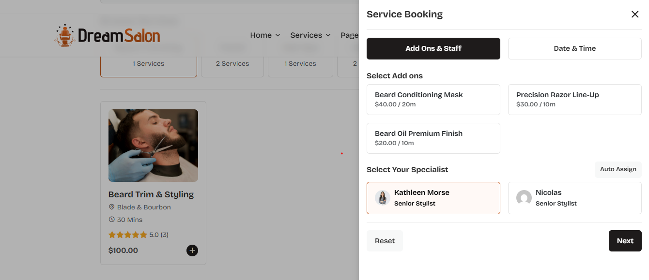 Booking step 3 – Add-ons selection screen