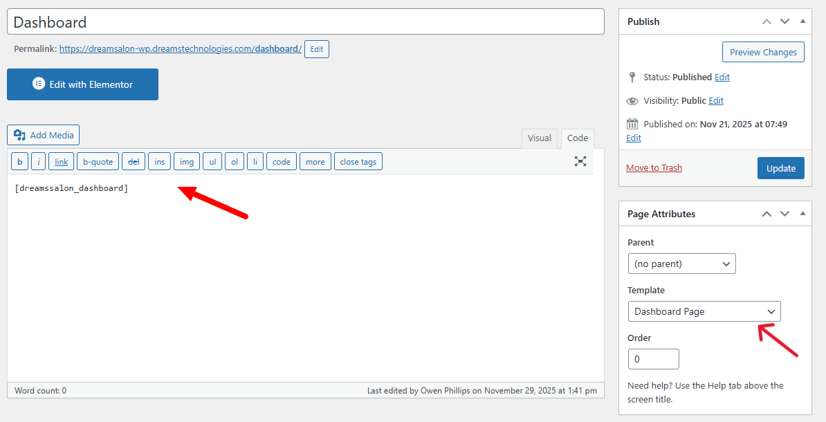 Adding the DreamSalon_dashboard shortcode to a page