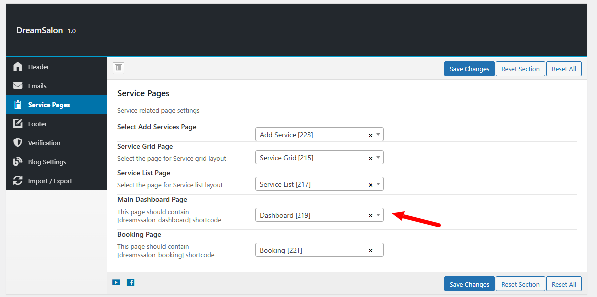 Assigning the Dashboard page in Theme Options