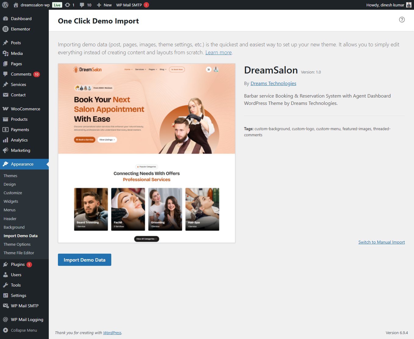 One Click Demo Import plugin activation screen