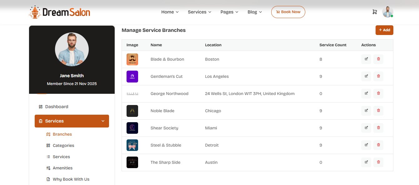 Service Branches management screen