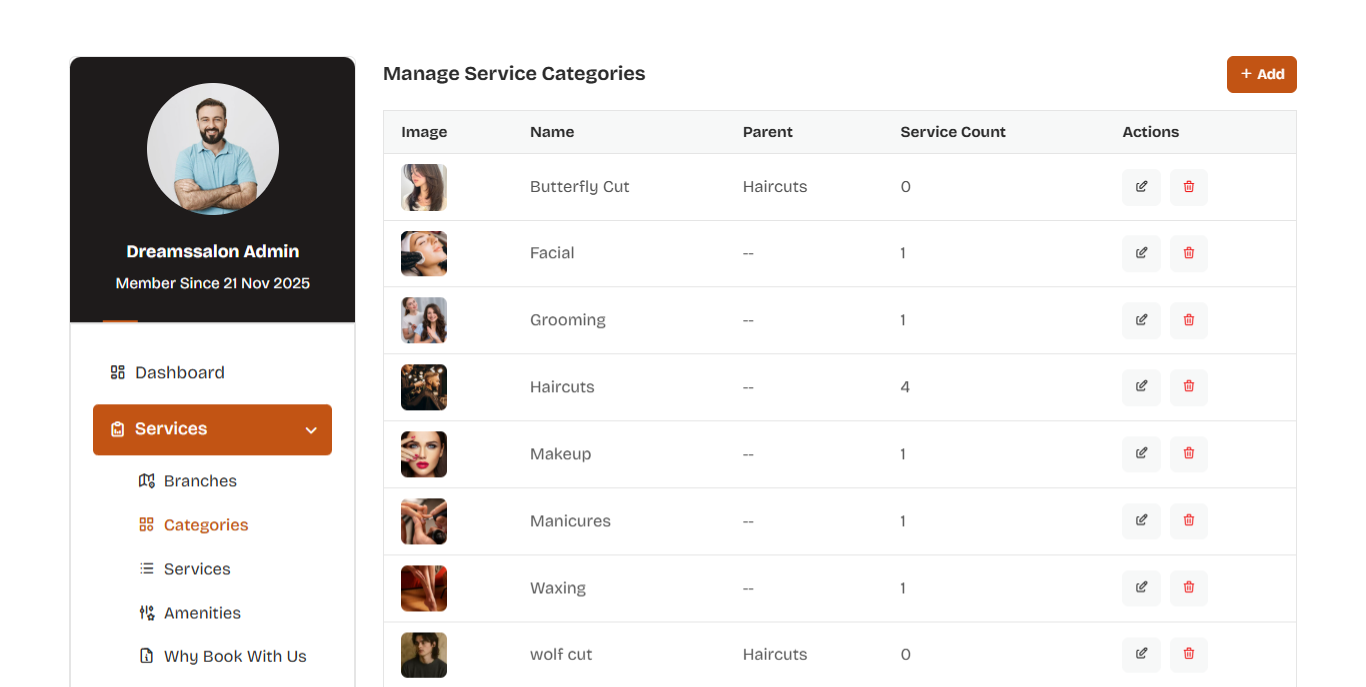 Service Categories management screen