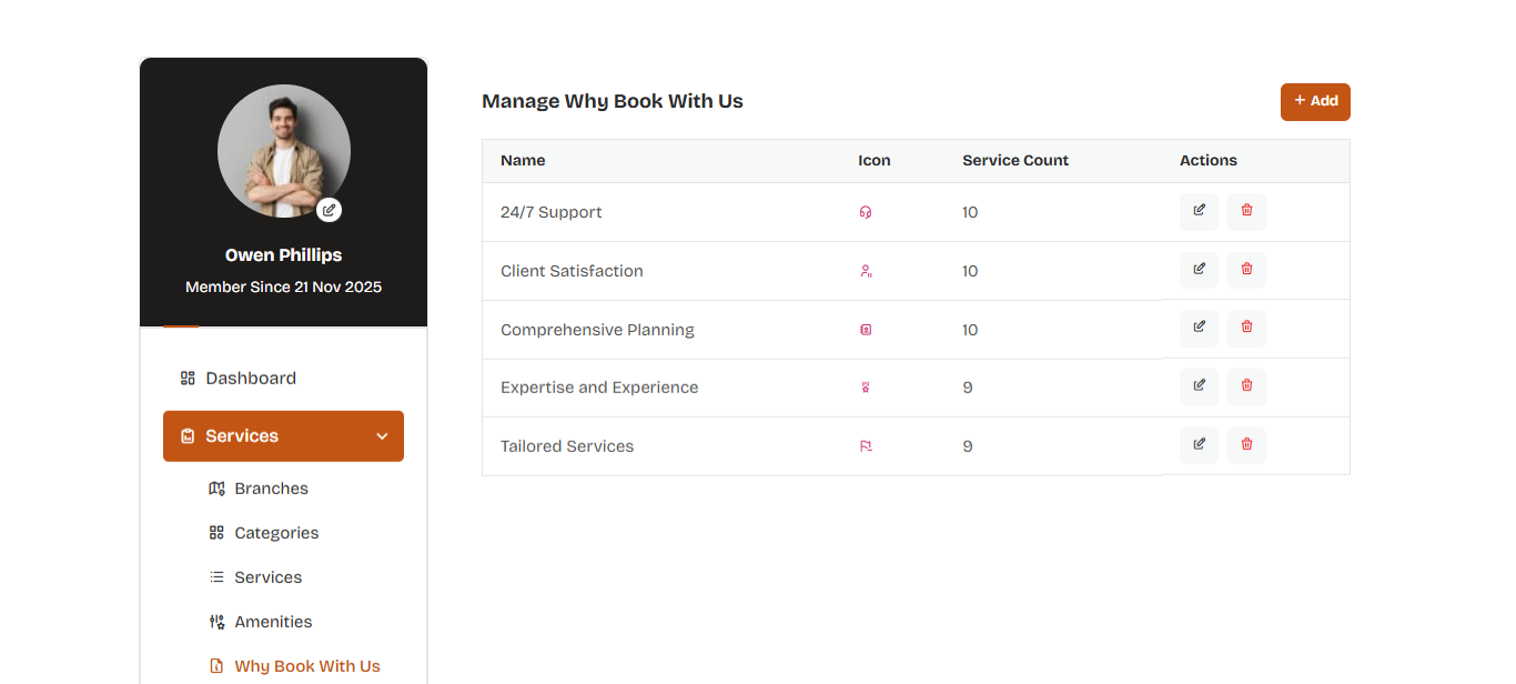 Why Book With Us management screen